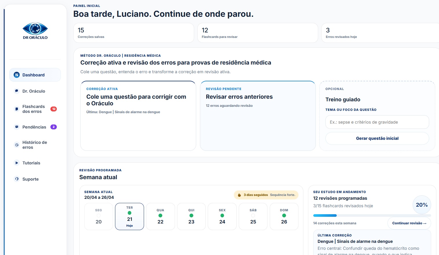 Dashboard da Plataforma Dr Oráculo com revisão programada e métricas
